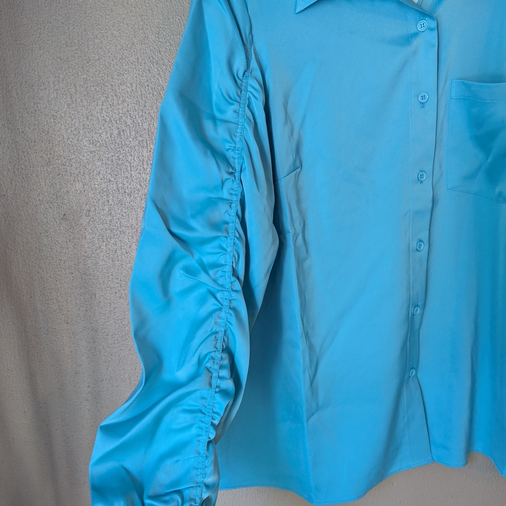 Vibrant Blue Button Down Shirt with Ruched Sleeves Medium - Picture 2 of 6